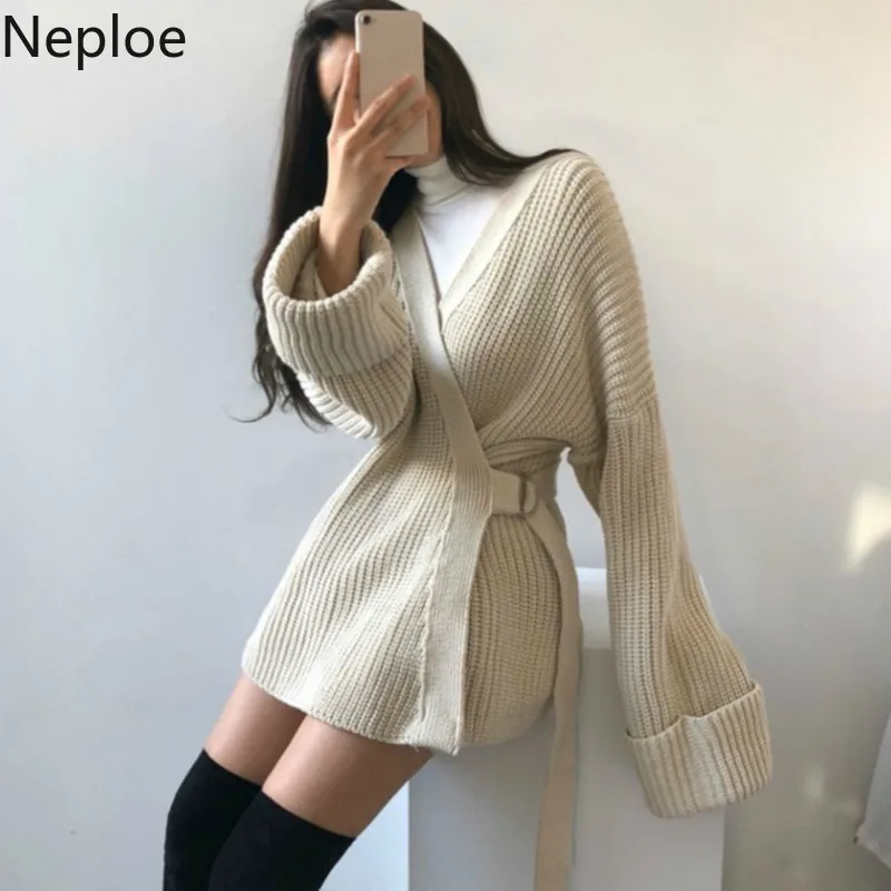 Neploe Chic Mid Long Loose Crazy Style Sueter Mujer Inverno V Neck Slim Waist Lace Up Solid Knit Sweater Pull Femme 47628 |