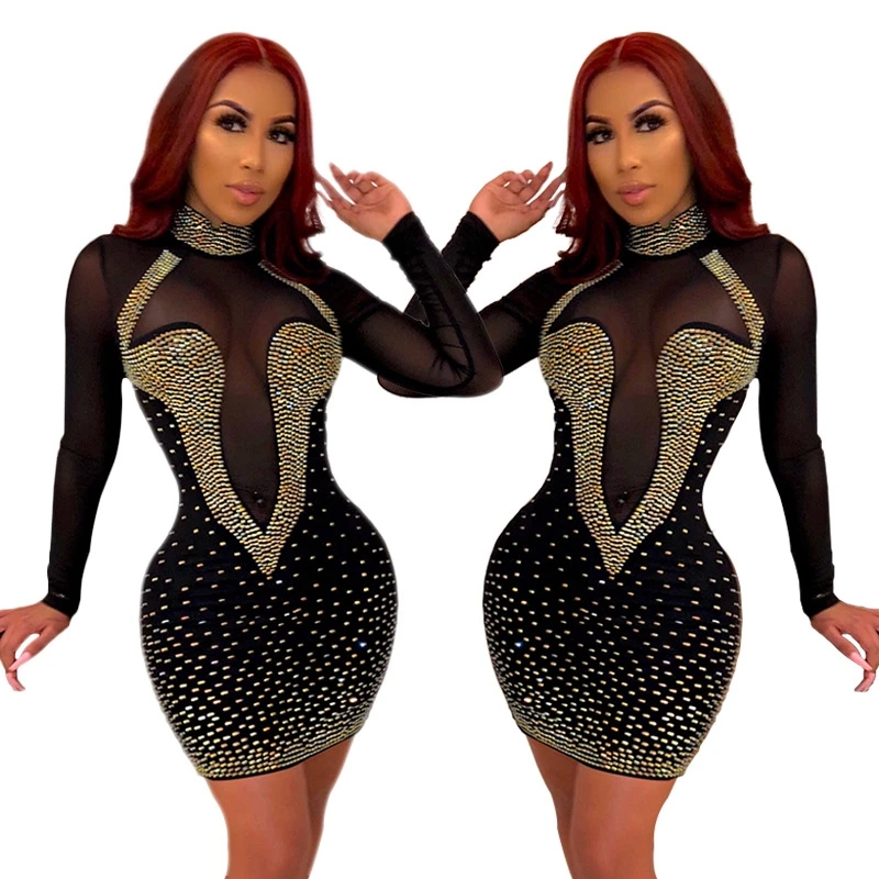 

Rhinestone Sexy Long Sleeve Party Dress Women Autumn Elegant Bodycon Club Dress Transparent Mesh Patchwork Mini Short Dress 2019