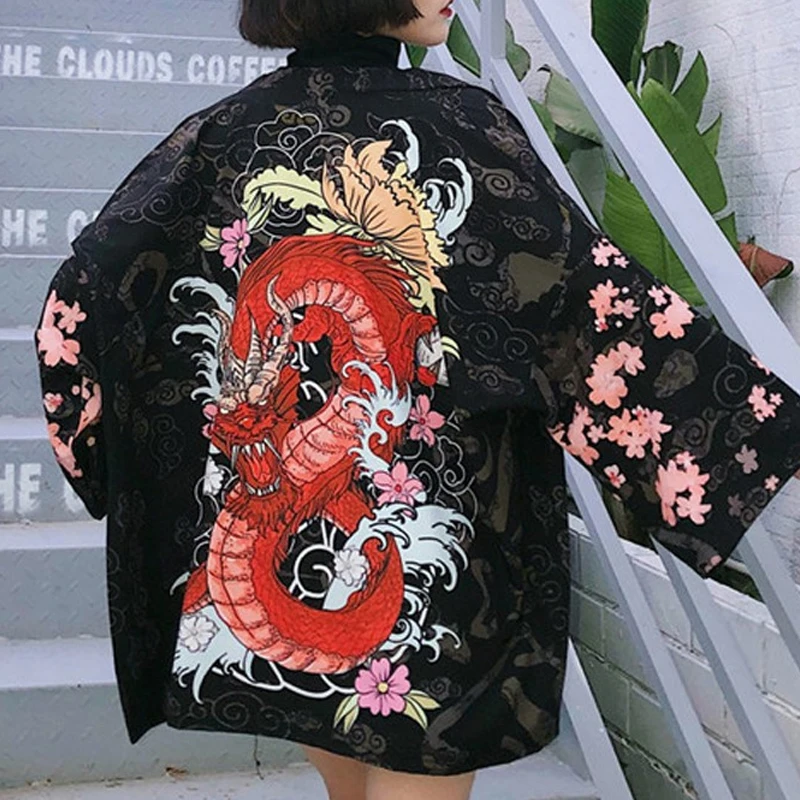 Kimono japonés para mujer, cárdigan de playa, blusa con estampado de dragón chino, cuello en V, informal, holgado, camisa protectora del sol