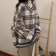 

Plaid Knitted Sweater Women Pullover Oversized Winter Jumpers Casual Long Sleeve Sweaters Lady Loose V Neck Top Warm Sweatshirt