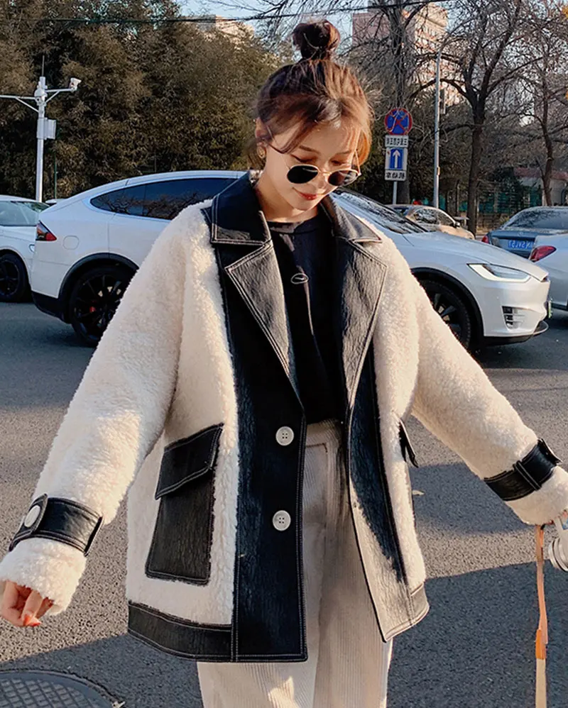 

DALMAZZO High Quality Lamb Wool Patchwork Fur Jacket Coat New Winter Designer Women Lapel Single-Breasted Outerwear Clothes