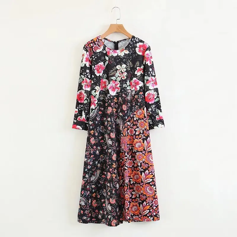 

2018 Spring Summer New Style Women's Versatile Crew Neck Patchwork Printed Dress 1532