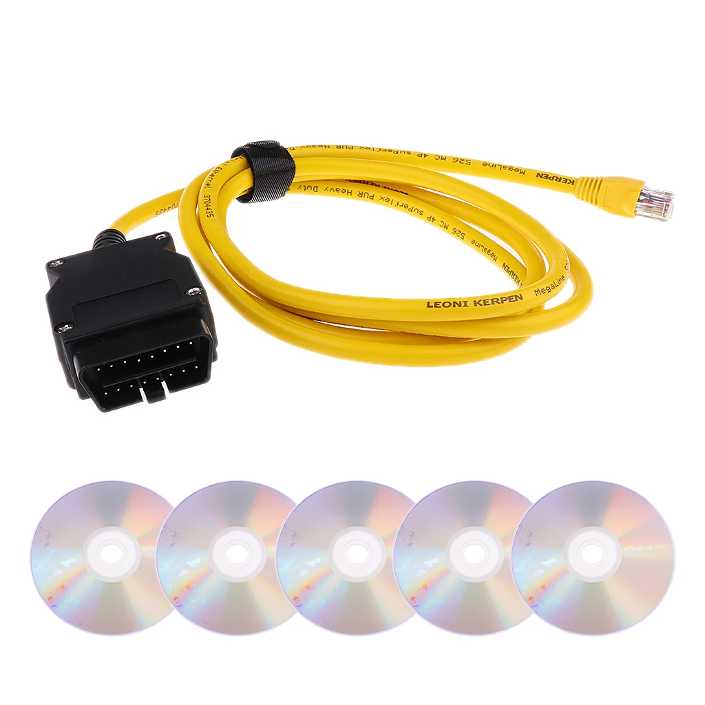 OBD-II 16pin Plug Adapter With Extension Cable + 5 Pieces CD, Ethernet To OBD For BMW