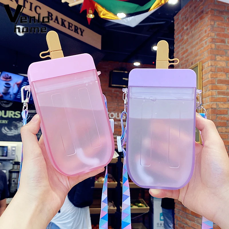 Cute Popsicle Straw Cup with Strap - 300ml Portable Plastic Water Bottle