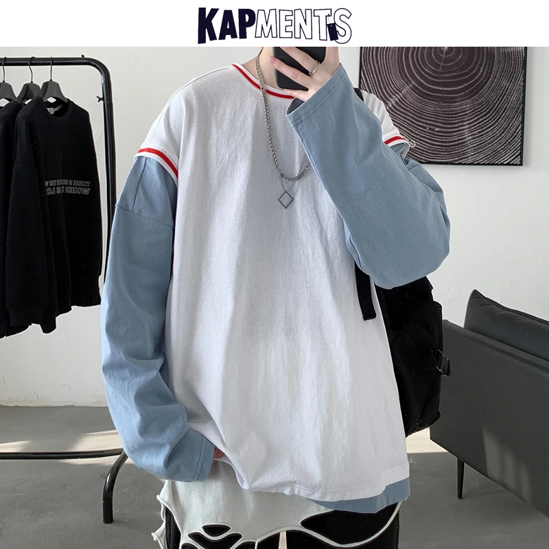 

KAPMENTS Men Harajuku Fake Two Pieces T Shirts 2023 Mens Cotton Oversized T Shirt Male Casual Korean Streetwear T-shirts Blouses