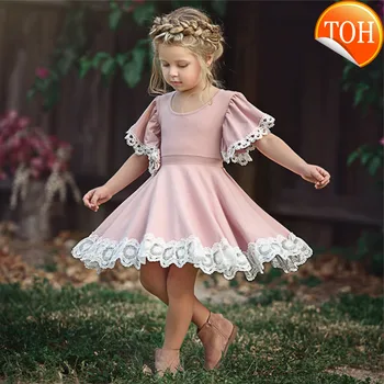 

Kids Baby Girls clothes Lace Princess round neck short sleeve Geometry Toddler cotton casual newborn Party Dresses one pieces
