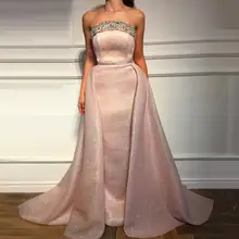 

Thinyfull 2020 Pink Evening Dress Sparkle Beading Strapless Prom Dress With Detachable Train Party Gown Vestido De Festa 2020