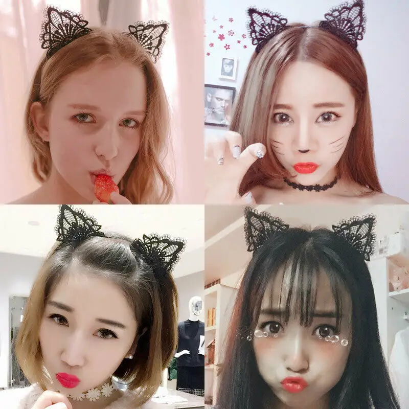 

New arrival Womens Girls Cat Ears Lace Pearl Rhinestones Wrap Gift Alloy Headband Hairband Hair Cosplay Costume Drop Shipping