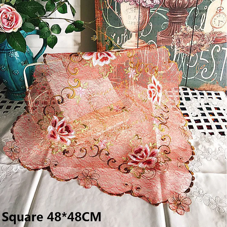 

Delicate Bright Red Floral Embroidery Lace Dining Placemat Table Cloth Dish Mat Pad Wedding Doily Coffee Mug Coaster Set Kitchen