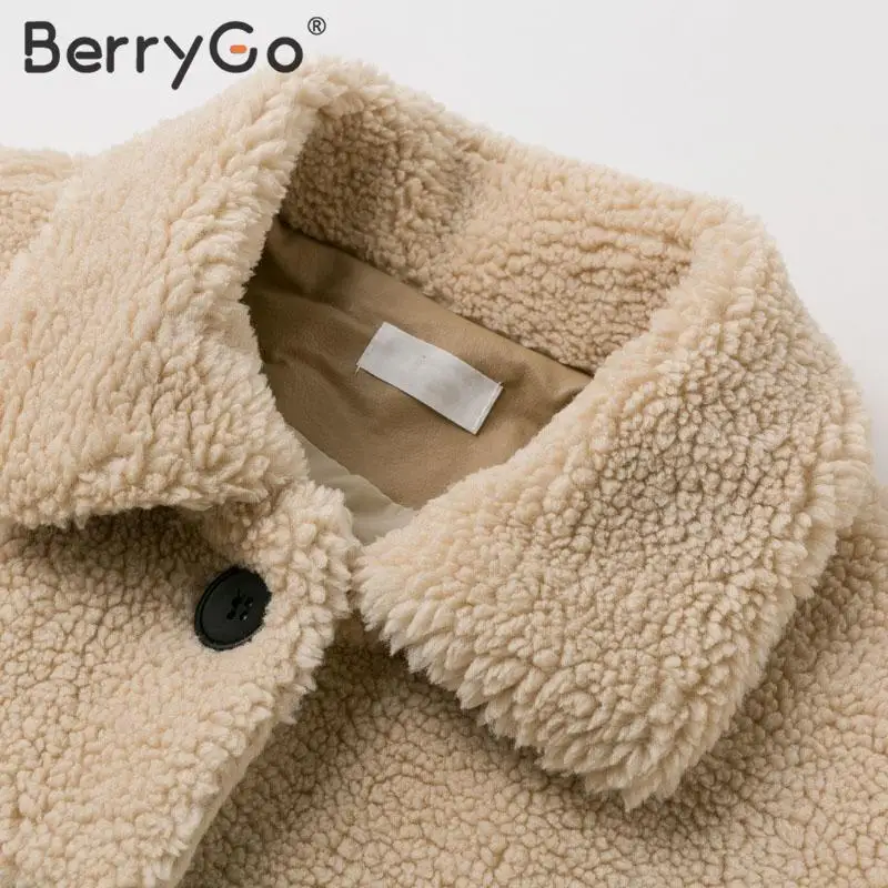 BerryGo, модное плюшевое Женское пальто из искусственного меха, шикарные вечерние женские пальто на пуговицах с большими карманами, осенне-зимняя женская теплая куртка