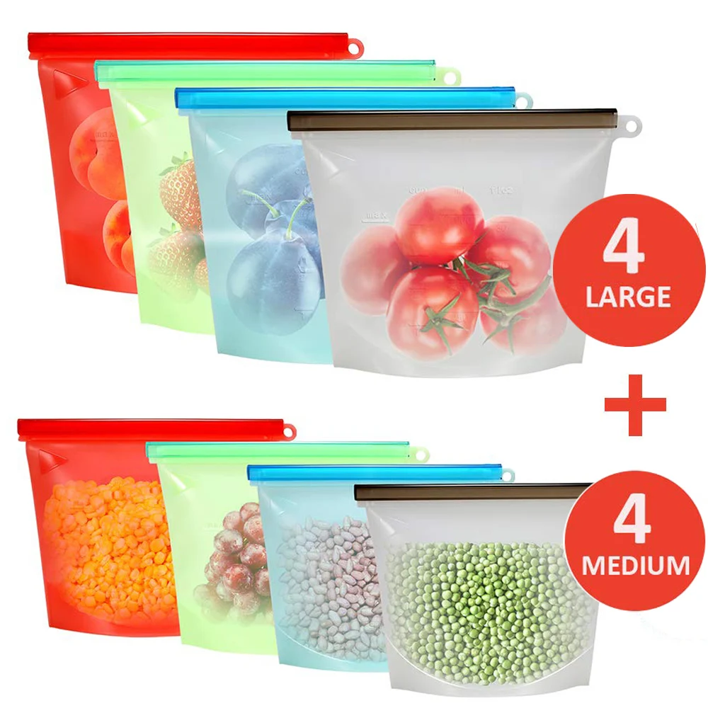4-PC Reusable Silicone Food Preservation Bag Airtight Seal Food Storage Ziplock 