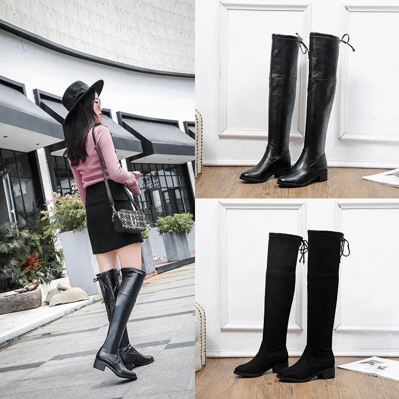 

2019 Autumn & Winter New Style Korean-style over-the-Knee Boots Women's over-the-Knee Heeled plus Velvet Elasticity Versatile Sl