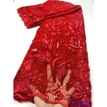 

Latest Beaded Lace Fabric Nigerian Bead Making Nigerian Wedding Styles Flower Tulle Mesh Embroidered Fabric AMYNI4236