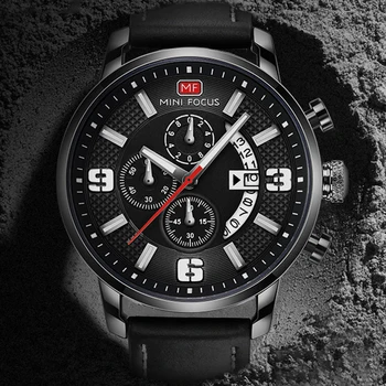 

MINI FOCUS Mens Watches Fashion Leather Military Chronograph Quartz Wristwatch Man Date Waterproof Clock Relogio Masculino