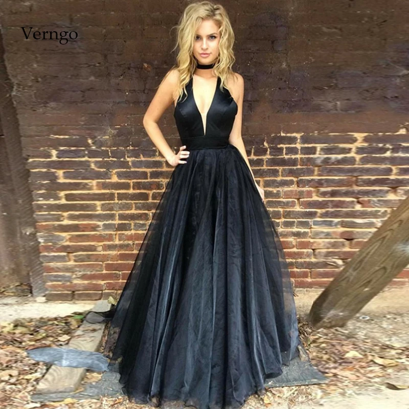 Verngo A line Evening Dress Black Organza Formal Dress Backless Evening Gown Vintage Dress Party Vestido De Noche - Цвет: Черный