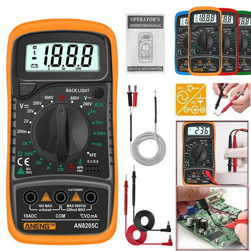 AN8205C цифровой мультиметр AC/DC Амперметр Вольт Ом тестер Измеритель Multimetro с термопарой ЖК подсветкой Портативный|Мультиметры|   | АлиЭкспресс