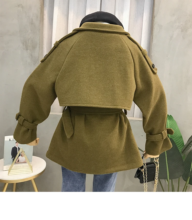 Autumn Winter New Woolen Coat Women's Loose Waistband Tweed Jacket Ladies Wool Blend Overcoat Outwear Student Windbreaker