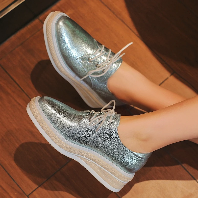 

Big size 42 women's genuine leather lace-up platform flats oxfords leisure soft comfortable espadrilles thick sole brogues shoes