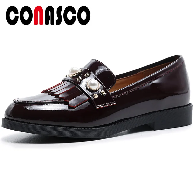 

CONASCO Classic Design Woman Pumps Cow Patent Leather Spring Autumn Casual Pearl Decoration Tassels Round Toe square Heeled