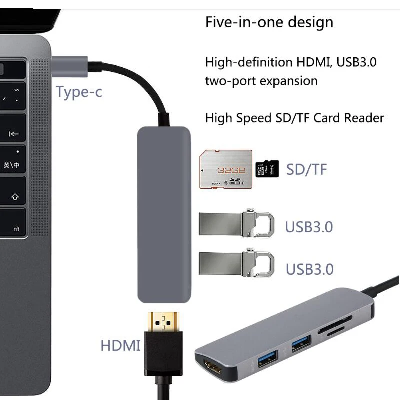 5 в 1 USB C концентратор USB-C к USB 3,0 концентратор 4K HDMI SD/TF кард-ридер для MacBook samsung Galaxy S9/S8 huawei P20 Pro type C концентратор