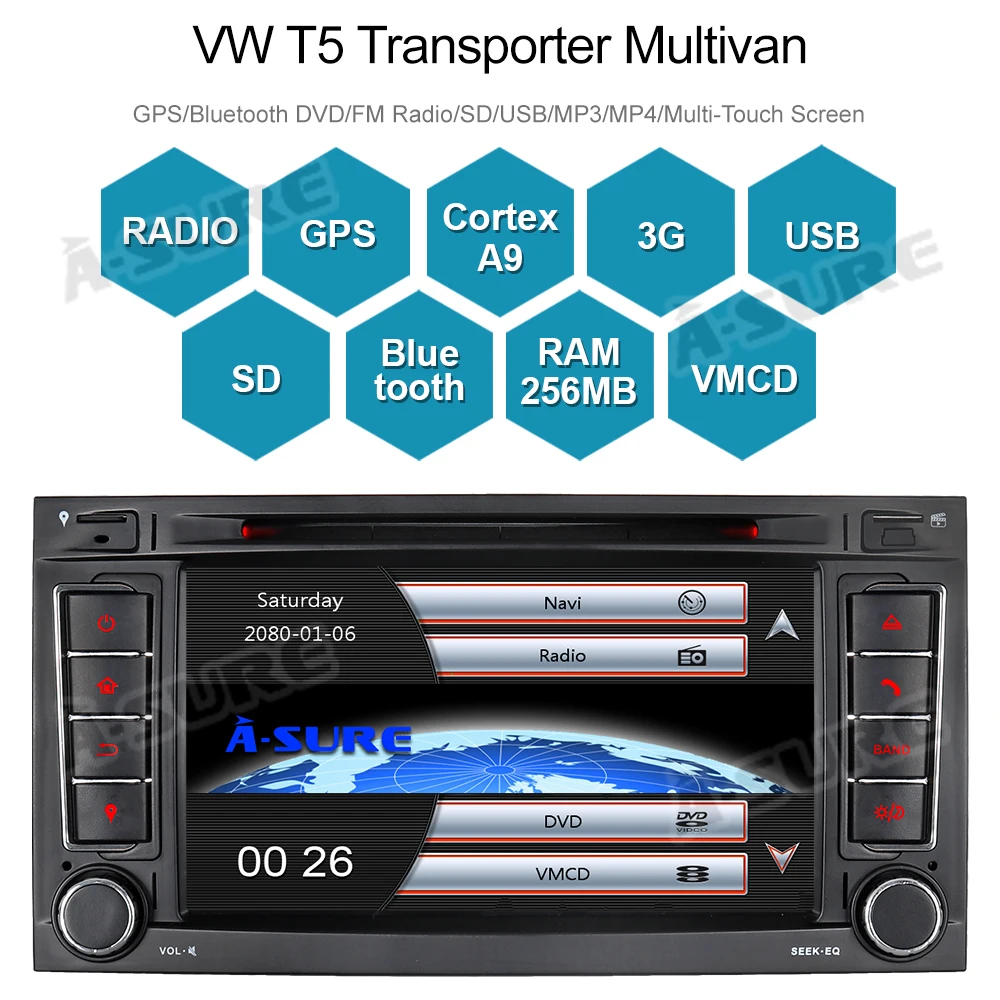 Perfect A-Sure 2 Din 7 Inch WIN CE Car Radio DVD GPS Navigation For Volkswagen VW Multivan T5 Transporter (2002-2010) 2