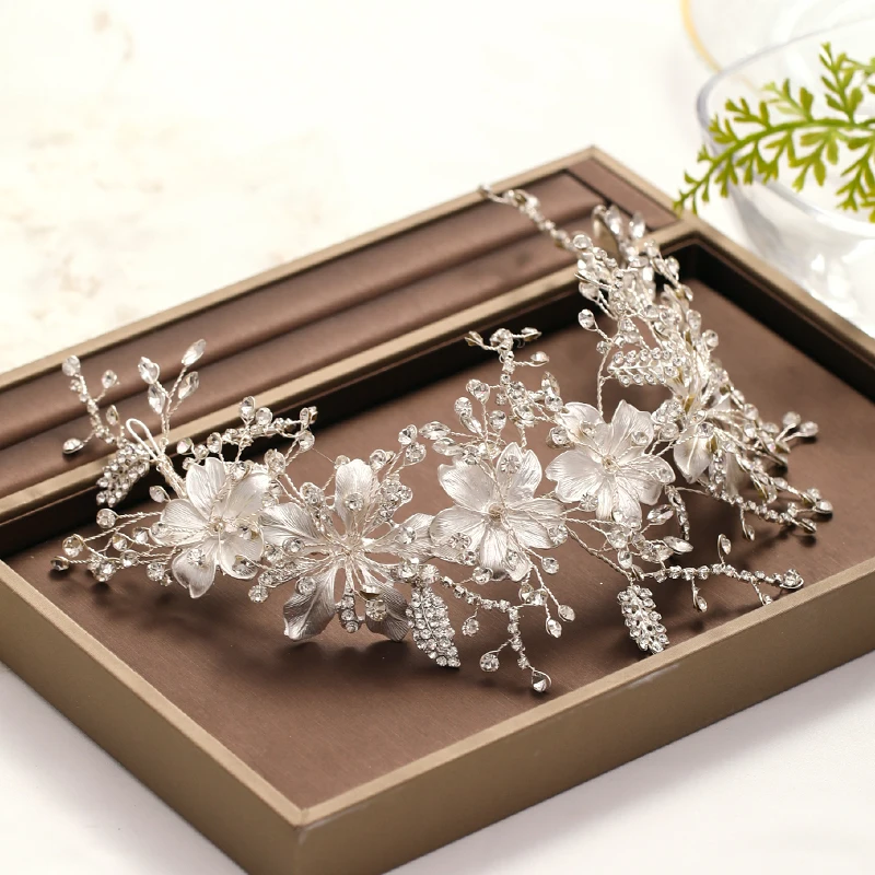 Wedding Headband Silver Color crystal Tiara Handmade Bride Headdress Flower Leaf Hair Jewelry Headband Bride Hair Accessories hair accessory hair headdress bridal headwear