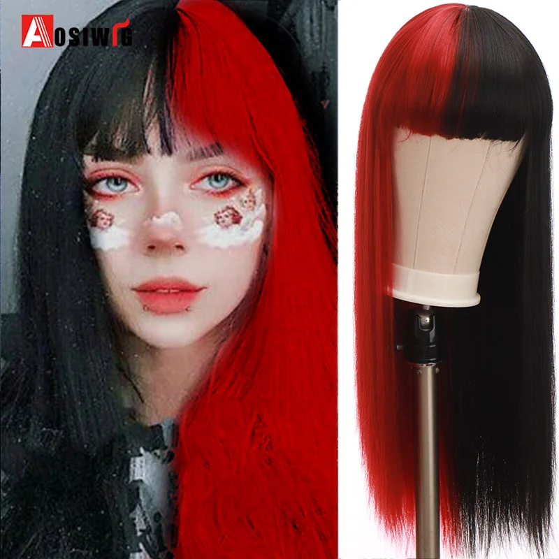 Aosiwig Long Wig Lolita Straight Half Pink Blonde Red Natural Hair Fake Anime Daily Synthetic Cosplay Wigs With Bangs For Women Aliexpress Mobile