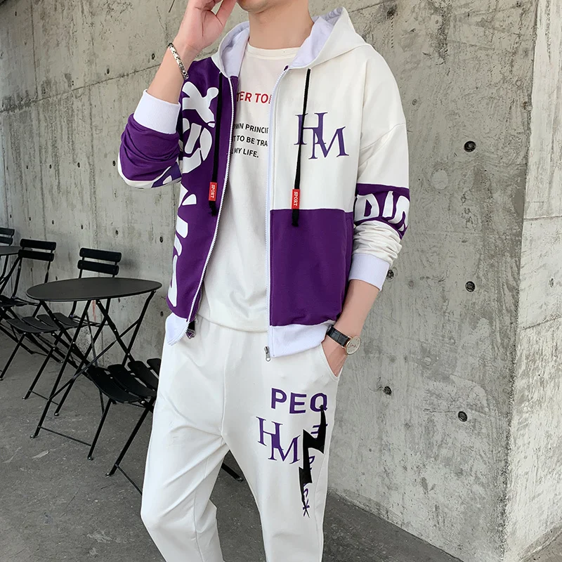 Violet Спортивный костюм для мужчин, осенняя спортивная одежда, модный мужской комплект в стиле хип-хоп из 2 предметов, свитшот на молнии с капюшоном, куртка+ штаны, костюм Chandal Hombre Completo - Цвет: Violet