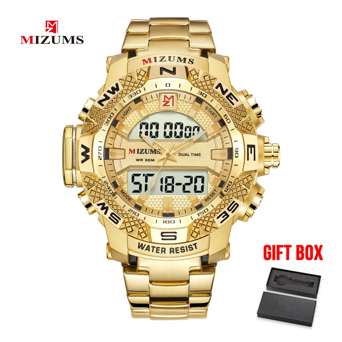 gold with box Mizums, брендовые кварцевые часы, мужские спортивные часы, мужские стальные военные водонепроницаемые золотые светодиодный цифровые часы для мужчин, Relogio Masculino - Цвет: gold with box