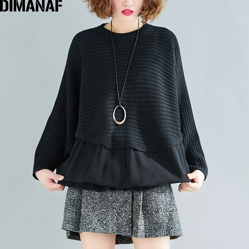 Cena DIMANAF oversize, jesienny sweter damski topy sweter na drutach Plus rozmiar damski damski moda Casual rękaw w kształcie skrzydła nietoperza czarne ubranie