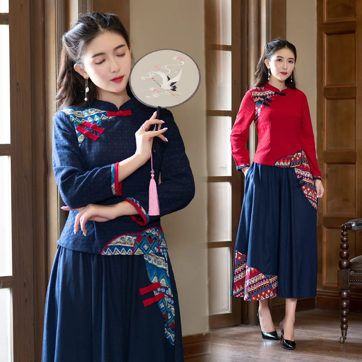 

2019 Autumn Large Size Slim Fit Explicit Thin Small Stand Collar Two-Piece Set Ethnic-Style New Style Tops Skirt
