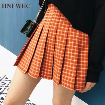 

New Preppy Style Summer Skirt Women High Waist Orange Plaid Pleated Skirts Shorts Vintage Plus Size Mini Skirt Female S-5XL P063