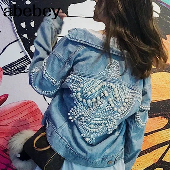 

Vintage Women Jean Jacket Pearls Beading 2019 Spring Long Sleeve Pockets Denim Jackets Women Loose Outerwear Female