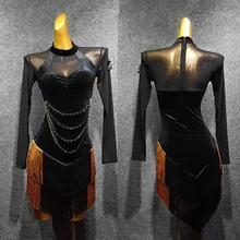 Платье для латинских танцев, Сетчатое платье с длинными рукавами, юбка с бахромой для латинских танцев, сальса, Румба, ча, ча, Самба, для танго, для выступлений DN4743