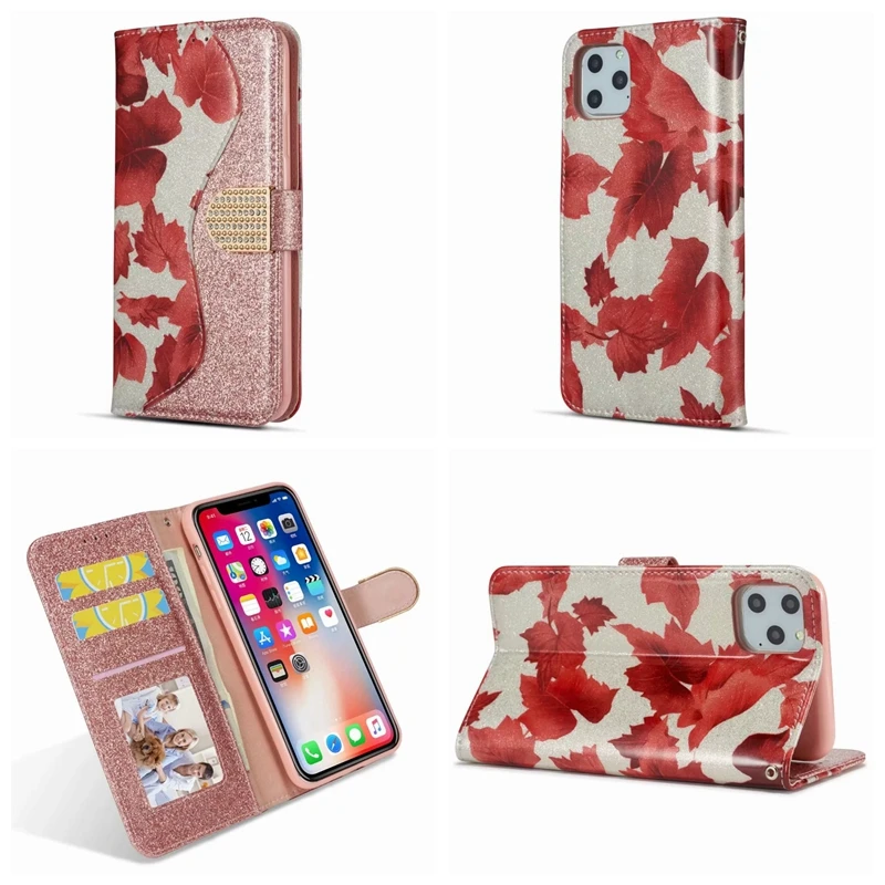 Wallet Leather Case For Iphone 11 Pro Max XS MAX XR X 8 7 Maple leaf Luxury Glitter Bling Diamond Sparkle ID Card Hybrid 60PCS