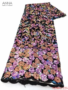 

Anna beautiful african velvet lace fabric embroidered with sequins 5 yards/piece nigerian mesh laces fabrics for garment sewing