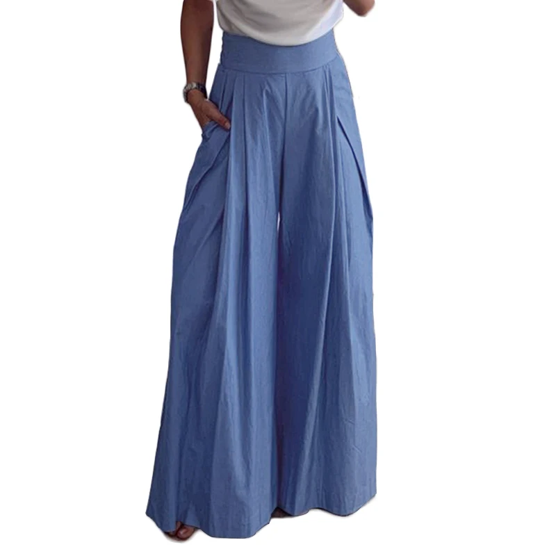 Light Blue Модные женские штаны ZANZEA с высокой талией и широкими штанинами, повседневные длинные брюки с карманами, брюки на молнии сзади для офиса, женские шикарные штаны для работы - Цвет: Light Blue