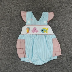 Vêtements d'été pour filles, barboteuse à rayures verticales bleues, sans manches, motif brodé de poulpe et de poisson, pour bébés et tout petits 
