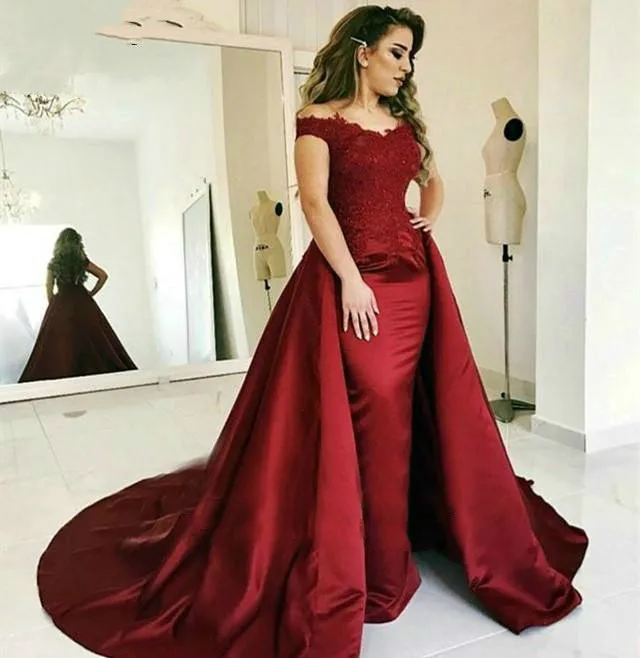 

Sexy Off Shoulder Burgundy Cheap Event Evening Dresses 2019 Appliqued Red Carpet Party Gowns Plus Size Robe De Soiree