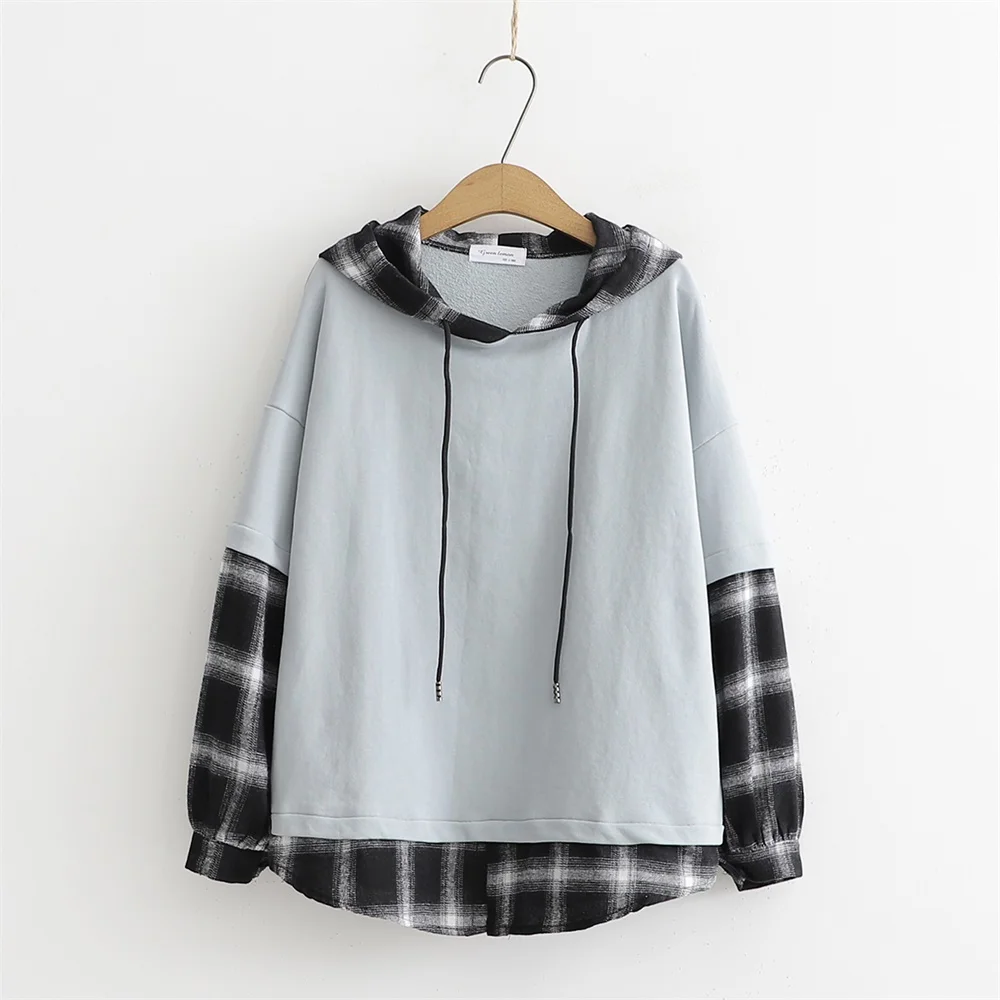 Light Blue Осенняя новинка, Женская толстовка Kawaii, толстовка с капюшоном, клетчатая, имитация двух частей, Студенческая, подростковая, свободная, с длинным рукавом, на шнурке, с капюшоном, топы - Цвет: Light Blue