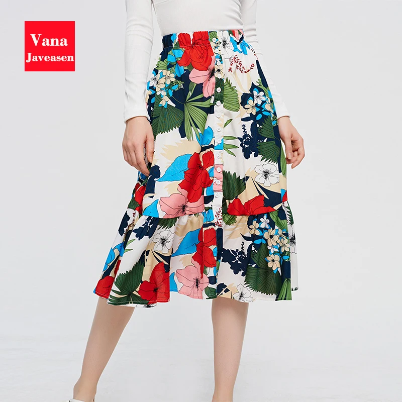 Плиссированная юбка для женщин; одежда для женщин; вечерние пляжные длинные юбки с высокой талией и пуговицами; женская богемная юбка с цветочным узором