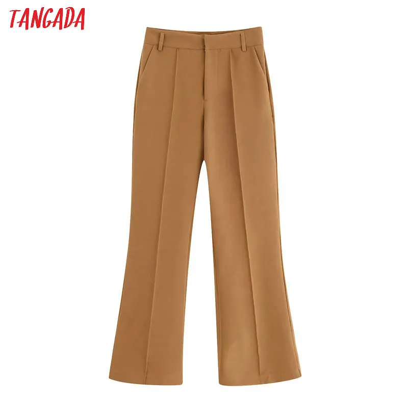 Tangada fashion women solid flare pants trousers high waist pockets pants autumn winter female casual pants pantalones BE678
