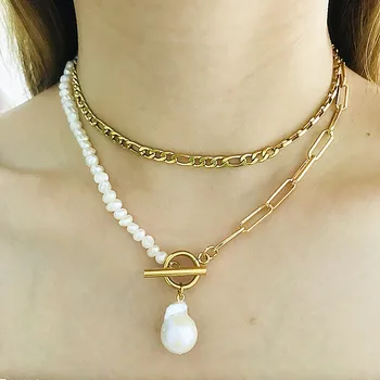 

2020 New Baroque Necklace Natural Freshwater Pearl Women's Stainless Steel Chain Multi-layer Necklace Charm Jewelry Free Matchin