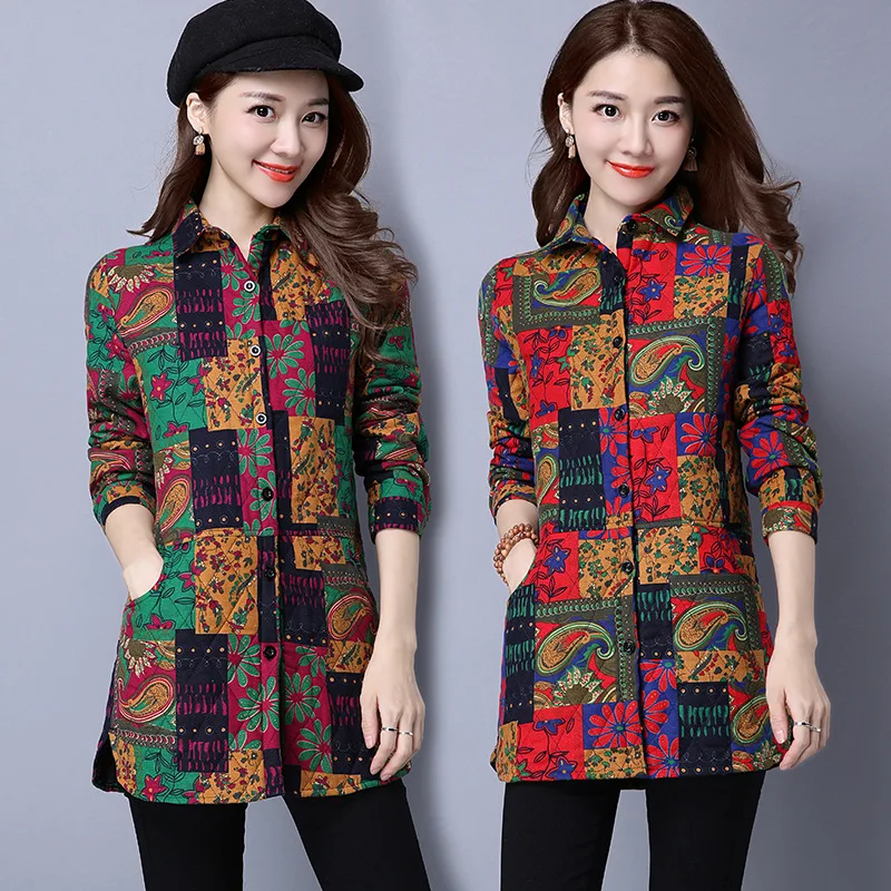 

Fi3038 @ 2019 New Style Autumn And Winter Tops Thick Quilted Large Size Shirt Long Sleeve Cotton Linen Printed Coat Women's