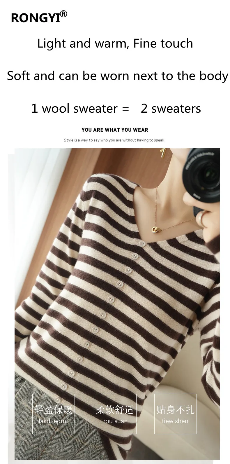 long cardigan RONGYI Spring Autumn New 100%Pure Wool Sweater Women V-Neck Striped Knit Large Size Pullovers Warm Button Cashmere Sweater Shirt christmas sweatshirt