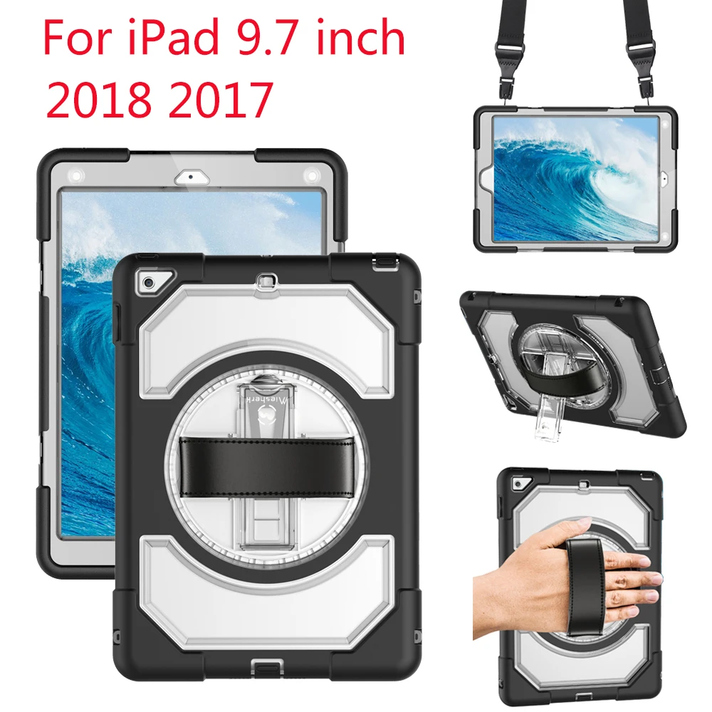 Силиконовый чехол для iPad,, 9,7 дюймов, задняя крышка с поворотной на 360 Подставкой, плечевой ремень, противоударный, защита от падения, FHL01