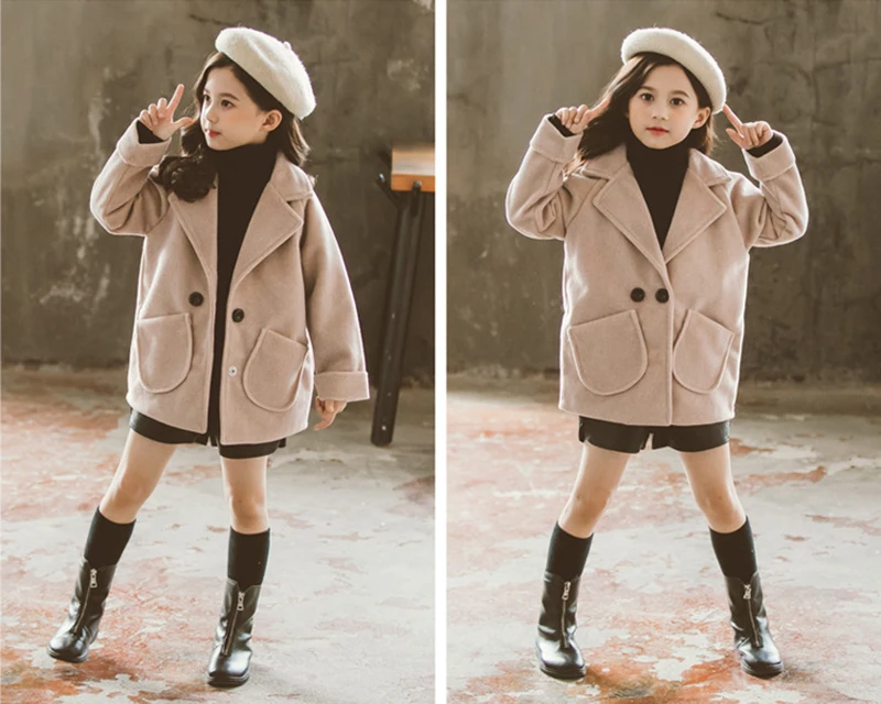 Куртка для девочек; пальто; зимние куртки для девочек; шерстяное пальто; детская теплая Длинная Верхняя одежда; Осенняя детская ветрозащитная одежда; От 4 до 13 лет
