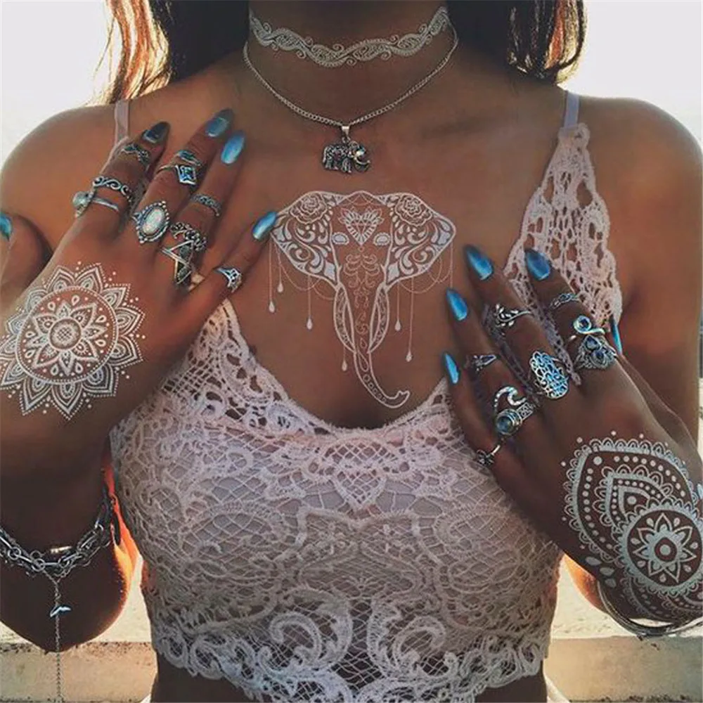 

White Lace Necklace Flower Temporary Tattoo Sticker Sexy Henna Mehndi TattooBody Art Waterproof For Wedding Beach