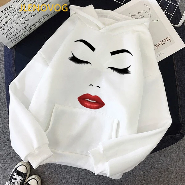 Cap hoodies women lips eyelash makeup white pink grey sweatshirt femme lady funny hoody winter clothes sudadera mujer tops