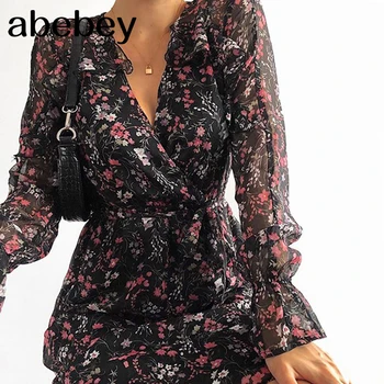 

Boho Black Floral Print Ruffle Dress Spring Autumn Women Elegant Party Holiday A Line Dress Ladies Fashion Clothing
